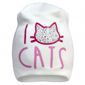 Демисезонная шапочка для девочки I love CATS (премиум), молочная