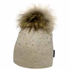 Шапка зима 21408 беж (преміум) в`язка на флісі, хутро єнот 2