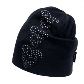 Демі шапка 2121 чорна (подвійний трикотаж), серця стрази 2