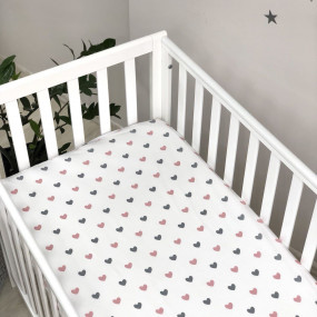 Простирадло на резинці "Сердечка" сір./Пудра на білому (поплін) 2