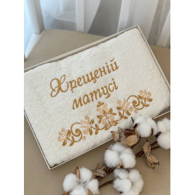 Рушник "Хрещеній матусі", білий/золота вишивка, махра 70 на 140