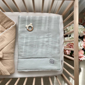 Плед-конверт сірий з бубошиками (муслін) з паском, 100х80 см 2