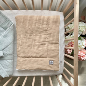 Плед-конверт беж з бубошиками (муслін) з паском, 100х80 см 2