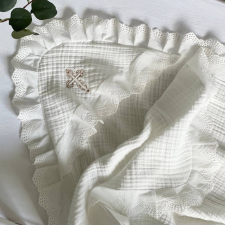 Крижма Елеганс айворі (муслін, мереживо) 100х80 см