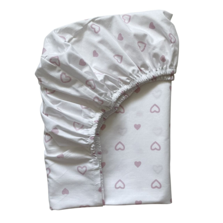 Простынь на резинке "Сердечка" пудра на белом (поплин) 60х120см