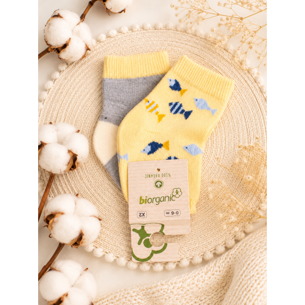 Шкарпетки 68377 жовті/сірі - 2 пари (0/6 міс) BiBaby бавовна