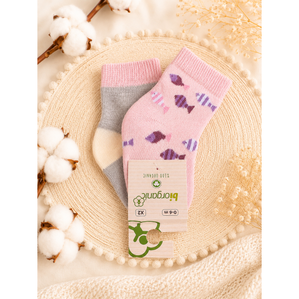 Шкарпетки 68377 рожеві/сірі - 2 пари (0/6 міс) BiBaby бавовна