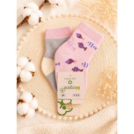 Шкарпетки 68377 рожеві/сірі - 2 пари (0/6 міс) BiBaby бавовна