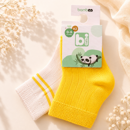 Шкарпетки 68386 жовті/молоко - 2 пари (0/6 міс) BiBaby бамбук