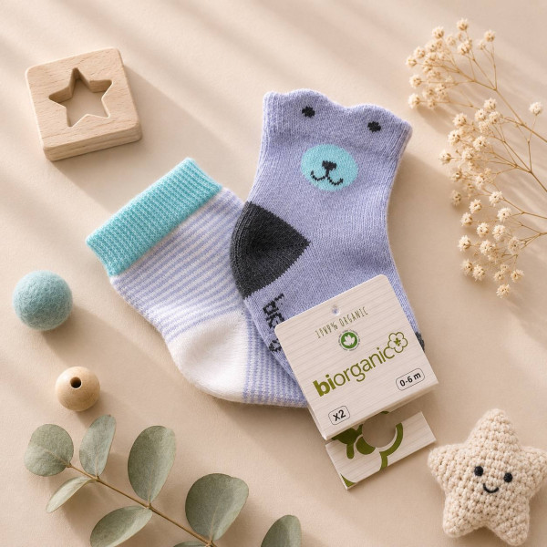 Шкарпетки 68378 бірюзово/сірі - 2 пари (0/6 міс) BiBaby бавовна