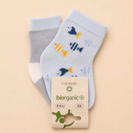 Шкарпетки 68377 блакитні/сірі - 2 пари (0/6 міс) BiBaby бавовна