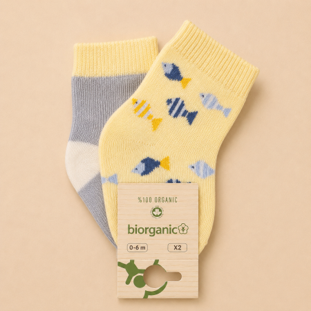 Шкарпетки 68377 жовті/сірі - 2 пари (0/6 міс) BiBaby бавовна